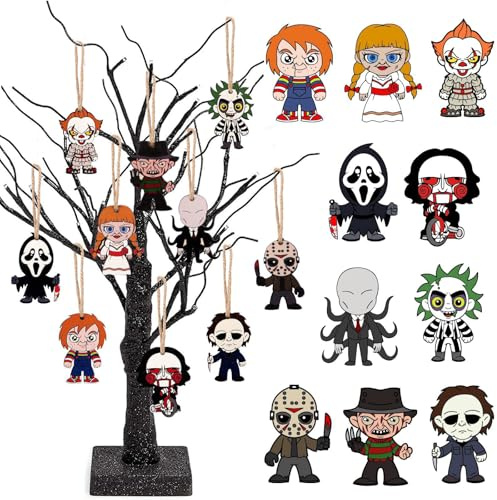 Quixotical Ornements en Bois Halloween pour Arbre, 10 Décorations Suspendues en Bois Personnages de Films d’Horreur, Ornements Vintage Halloween pour Déco de Fête Effrayante