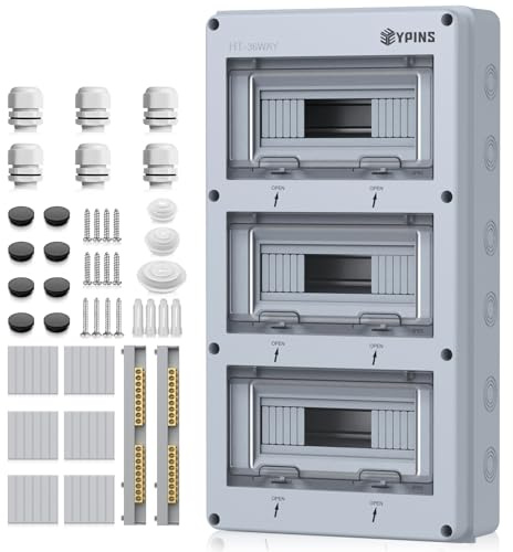 EYPINS Quadro Elettrico Esterno 3 File 36 Moduli,Scatola di Distribuzione da Parete con Coperchio Chiusura Moduli,Impermeabile IP65,per Esterno,Giardino e Officina(280x110x510 mm)