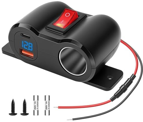 Prise de Chargeur USB Voiture QC3.0 et PD3.0 12V Allume Cigare, Adaptateur Répartiteur Prise avec Interrupteuret voltmètre LED et commutateurs pour 12V/24V Voitures Bateaux Camping Car USB-A + Type-C