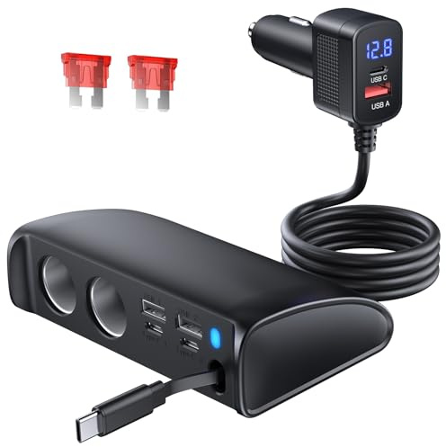 OOWOLF 148 W Caricatore Auto type-C Retrattile PD 3.0, 9 in 1,Accendisigari Caricatore 12V/24V,Presa Multipla con Voltmetro,Ricarica Rapido Caricabatterie,Accessori Auto Campeggio Viaggio