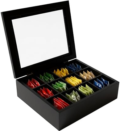 Relaxdays Caja de té de bambú con 12 Compartimentos, Ventana, 9 x 28 x 23 cm, Negro