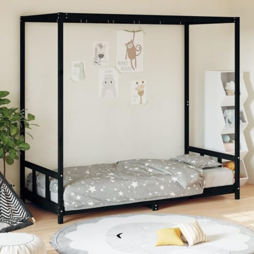 IBUQDDV Lit pour enfant en pin massif, 90 x 190 cm, noir, avec structure de baldaquin et lattes en bois robustes pour la stabilité et la ventilation, construction solide en matériau naturel.