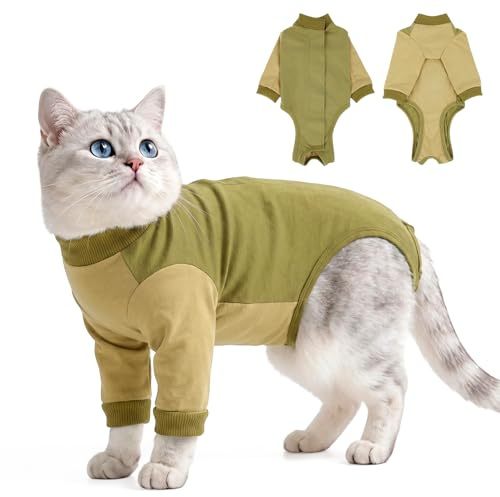 Cat Recovery Suit with Sleeves – for Cats Escaping Standard Suits | Full Body Anti-Licking Protection | Soft Cotton Post Surgery Onesie | Spay, Neuter, Abdominal Wound (Sage Green M)