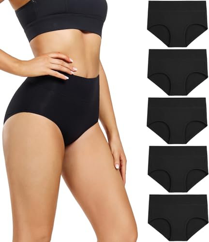 wirarpa Damen Unterhosen Baumwolle Slips Damen Hoher Taille Atmungsaktive Taillenslip Wochenbett Unterwäsche Mehrpack Größen 32-58, Schwarz-5er Pack, Medium (38/40)