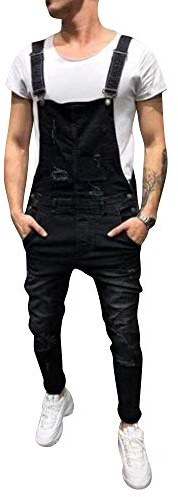 Pantalón Chandal Mono Vaquero Mezclilla Jumpsuit Casual Pantalones con Agujeros para Hombre Roto con Peto Tirante con Botones Y Bolsillos Negro M