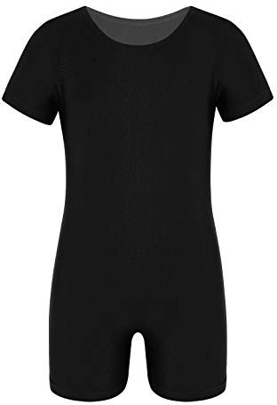 iEFiEL Unisex Kinder Jungen Mädchen Kurzarm Turnanzug Gymnastikanzug Trikot Leotard Basic Einfarbig Tanzbody Gymnastikbody Turnbody für 4-14 Jahre Schwarz 152