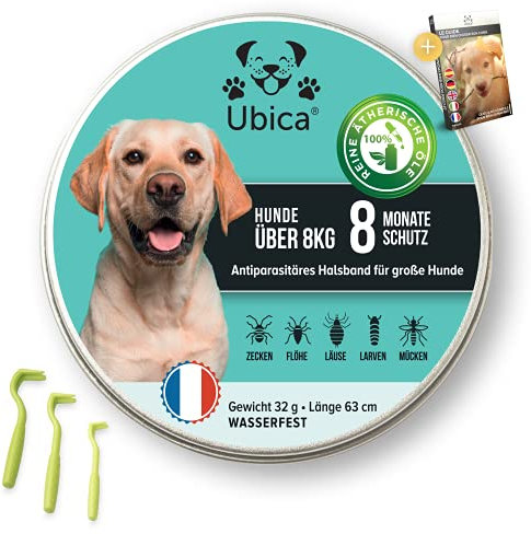 Ubica® Flohhalsband Hunde - Zeckenhalsband für Hunde - Flohmittel Hund (> 8kg) - Formel mit ätherischen Ölen (Zitronengras) - 100% WASSERDICHT - 3 Zeckenklammern und EBOOK Gratis.
