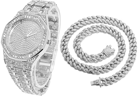 HALUKAKAH Diamante Reloj Oro, Hombres Chapado Oro Blanco Platino 40MM Ancho Octogonal Ronda Esfera Cuarzo Pulsera 22cm con Enlace Cubano Cadena 45cm Collar Juego, con Caja de Regalo