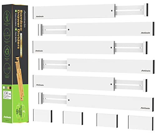 ANTOWIN Bambus-Schubladen-Trennwände, Schubladen-Trenner, 43.2–55.9 cm lang, verstellbar, federbelastet, Organizer für große Utensilien, Werkzeugschubladen(weiß)