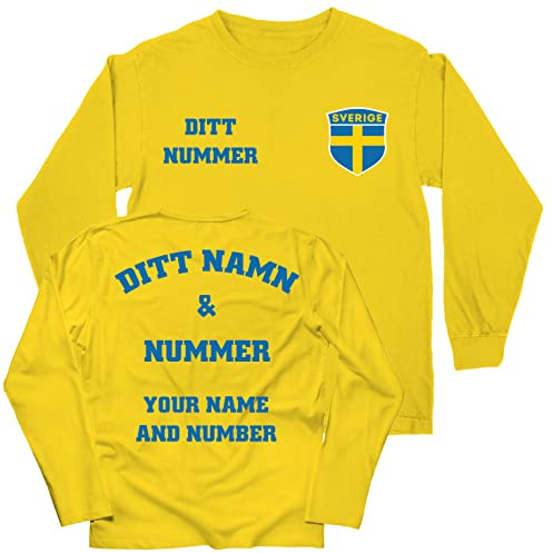 lepni.me Barn Långärmad T-shirt Sverige Fotbollströja Ditt Namn och Nummer | Svensk Flagga Badge Personlig Tröja Custom Top | VM 2022 (9-11 år Gul Flerfärgad)
