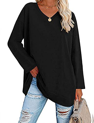 Famulily Black Long T Shirt Loose Tops for Women Ladies Casual V Neck Long Sleeve Oversized T Shirt Tops Black XXL