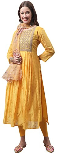 VredeVogel Chanderi - Kurta da donna in modal con leggings elasticizzati e set Dupatta in organza, Giallo, XXX-Large