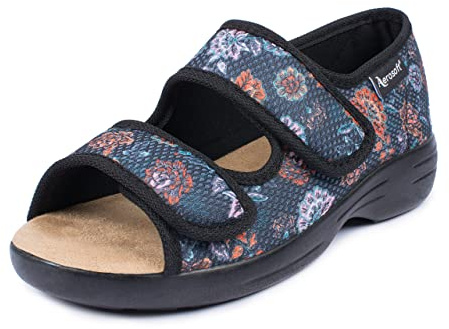 Aerosoft Reha-Sandale Stretch 06 Damen Klettverschluss Weite G-H rutschhemmend (Anthrazit Blume, numeric_40)