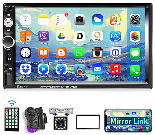 Podofo Autoradio 2 Din con Vivavoce Bluetooth 7 Pollici Stereo Auto Radio Doppio Din con Schermo con Collegamento a Specchio/FM/AUX/con Controllo al Volante + 12 Luci Telecamera di Backup