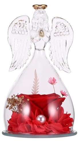 ALLOMN Angel Figurine with Real Rose, Preserved Eternal Rose Flower Gift in Glass with LED Light for Mum, Grandma, Wife, Birthday, Mothers Day, Valentine's Day
