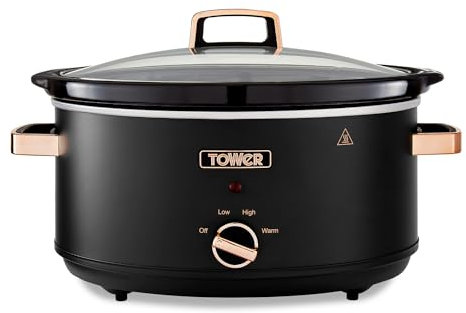 Tower T16043BLK Slow Cooker Cavaletto da 6,5 Litri con 3 Impostazioni di Calore, Manici Cool Touch, Elettrodomestici Cucina, Nero e Oro Rosa