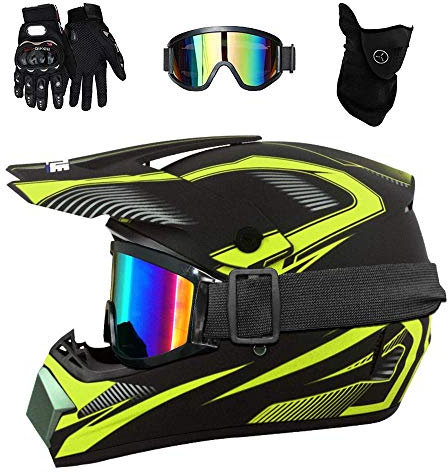 Dualer Sport Volles Gesicht MTB Motocross-Helm Satz, mit Brille Handschuhe Maske, Jugend Kinder Offroad ATV Motorrad Absturz Helm, Bergab BMX Enduro Quad Dreckiges Fahrrad Helm für Junge Mädchen ( Col