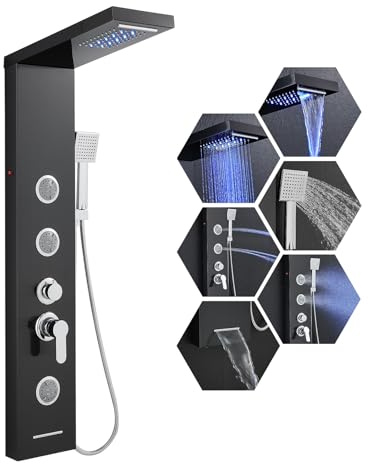 KINKIB LED Shower Panel Tower System, 6-in-1 Shower Tower with Rainfall Waterfall Shower Head, 2 Modes Powerful Body Jets, Handheld Shower and Tub Spout, Stainless Steel Shower Column, Black