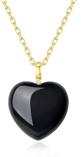 COAI Collana da Donna in Acciaio Inossidabile Placcato Oro con Ciondolo Cuore Nero di Ossidiana, Collana Cuore da Donna