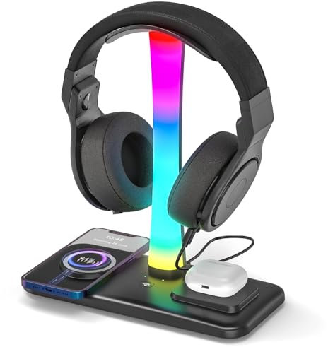 Padwa Lifestyle Headset-Ständer mit kabellosem Ladegerät, RGB-Kopfhörerhalter mit 1 USB-Port + 2 Typ-C-Anschlüssen, kompatibel mit iPhone, AirPods, iWatch, Headset, Kopfhörer, Smartphones
