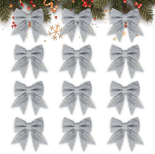 GXFCING 12pcs Lazos Grandes para Árbol de Navidad Plateados 15 x 12cm Lazos Navidad con Purpurina para Adornos Navideños Decoración Navidad