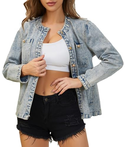 cffvdiz Azul,M, Chaqueta De Mezclilla Sin Cuello Manga Larga Botón Hacia Abajo Desgastado Suelta Jean Chaquetas De Las Mujeres