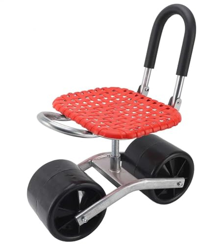 TAZZOR Taburete de jardín con ruedas, asiento con ruedas para carrito de jardín móvil hasta 130 kg, asiento giratorio de 360 grados, neumáticos de goma anchos para jardinería, carro de taller, carrito