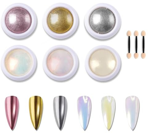 6 Colors Chrome Nail Powder Set, Glitter Metal Mirror Effect Nail Art Design 3D Holographic Laser Dust Nail Powder Silver Gold Pink Chrome Nail Art Home DIY with 3 Sponge Sticks