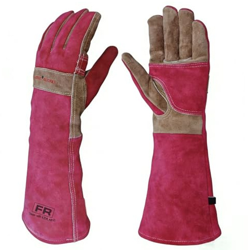 AOUCHI Leather Gardening Gloves for Women, Long Thorn Proof Garden Gloves for Yard Work, Heat Resistant Gloves for Welding, BBQ, Cooking, Fireplace, Chainsaw, Firm Grip, Utility, Durable, Rose Red, S