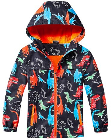 FILOWA Veste Imperméable pour Garçons Veste de Pluie à Capuche Légère Manteau avec Doublure Polaire Dinosaure Imprimé Blouson Enfants Chaud Coupe Vent Outdoor Randonnée Vêtement de Pluie 7-8 ans, Bleu