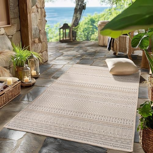 SIMPEX Outdoor Teppich Wetterfest Beige 80x150 cm Läufer, UV-beständig, ideal für Küche, Balkon, Terrasse auch Wohnzimmer und Esszimmer, Skandinavisches Boho-Design, Pfelgeleicht
