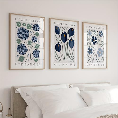 Ueiwffzo 3er Poster Set Wandbilder, Blau Florale Leinwanddrucke Poster Set, Ästhetische Leinwand Bilder Für Schlafzimmer Decor, Ohne Rahmen (40x50cm)