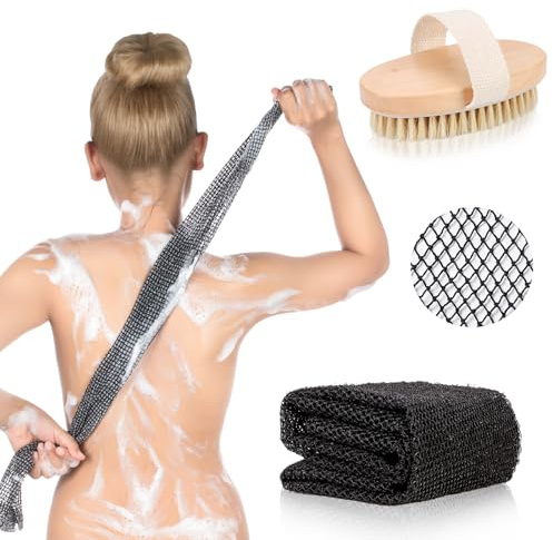 Dry Body Brush African Net Sponge Exfoliating Bath Brush Set Long Bath Net Sponge Natural Boar Bristle for Lymphatic Drainage Cellulite Treatment and Skin Smoothing
