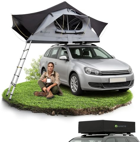 Juskys Autodachzelt Lago 120 x 210 cm - UV-Schutz & Wasserdicht - Matratze & LED-Beleuchtung - Camping & Outdoor - Teleskopleiter - Schwarz/Grau