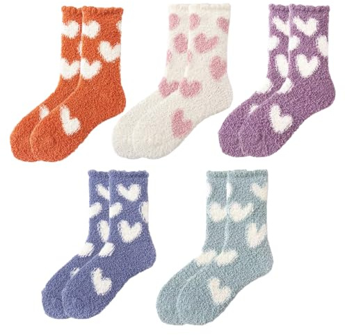 Lot de 5 paires de chaussettes douillettes pour femme - Chaussettes moelleuses en polaire corail - Élasticité chaude - Chaussettes thermiques douces et moelleuses - Chaussettes épaisses - Chaussettes