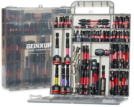 Geinxurn 99tlg. Schrauber Bits Set (Torx, Kreuz, PZ, Hex, SL), S2-Stahl Magnetische Bitsatz, inkl. Bit Halter, Stecknuss Adapter, Steckschlüssel, PH2 Bit mit Tiefenanschlag im Grau Aufbewahrungsbox