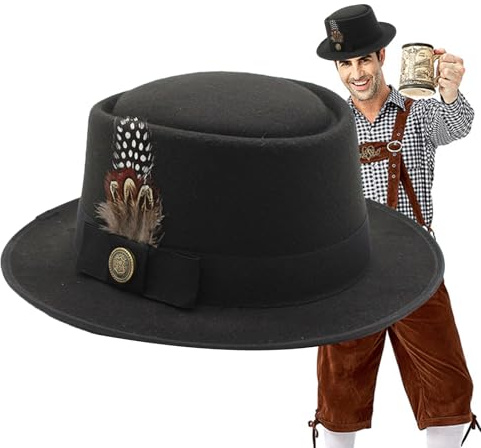 Generisch Disfraz de sombrero de Oktoberfest de melón negro, sombrero alemán, Oktoberfest para mujer, accesorio de disfraz de Oktoberfest con plumas, emblemas, para Oktoberfest, festivales populares