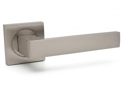 Juego de 2 Manillas niqueladas para puerta - Roseta cuadrada - Maneta para Puertas de Paso de Interior - Diámetro Roseta Ø52 mm - Incluye Tornillos