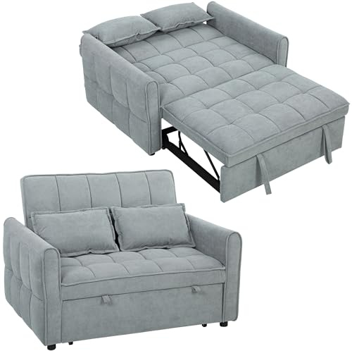 HOMCOM 2 Seater Sofa Bed, 3-in-1 Convertible Sleeper Sofa with Click-clack Adjustable Backrest and 2 Pillows, Pull Out Corn Velvet-feel Fabric Bed Settee for Living Room, Guest Room, Grey