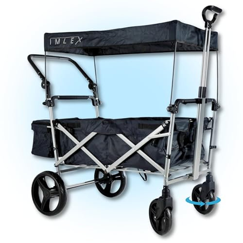 IMLEX IM-9002 Bollerwagen faltbar mit Dach Anthrazit - Große Räder gefederte Vorderräder - Handwagen klappbar mit Schiebegriff ideal für 2 Kinder