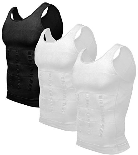 Odoland Men's 3 Pack Body Shaper Base Layer Shirt Tummy Shirt, Black/White/White, L