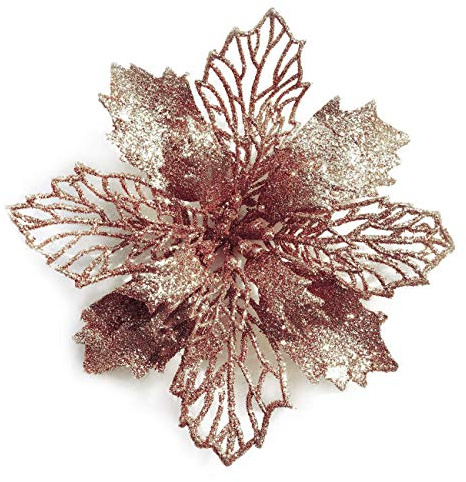 GL-Turelifes Lot de 12 Fleurs de Poinsettia artificielles à Paillettes pour Couronne de Noël, décoration de Sapin de Noël, 16 cm de diamètre avec 12 Picots Verts Doux (Or Rose)