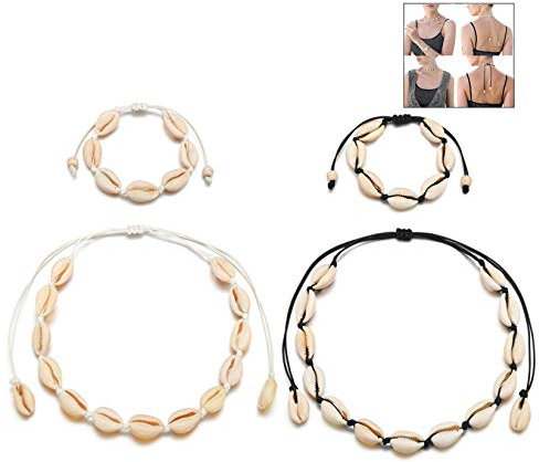 XLKJ 4 Stücke Boho Muschelkette, Natural Shell Choker Halsketten Einstellbare Handgemachte Hawaii Halskette Armband Fußkettchen Schmuck Set für Mädchen