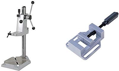 Wolfcraft 5027000Soporte de taladro Ø 43 mm, altura 570 mm + 3412099Mordaza para taladro, ancho de boca 68 mm, ancho de sujeción hasta 65 mm, plateado