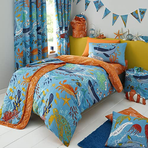 Happy Linen Company Girls Boys Kids Ocean Friends Sealife Blue Double Reversible Duvet Cover Bedding Set