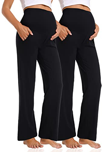 Foucome Maternity Trousers Over Bump Wide Leg Work Trousers | Loose Fit, Pregnancy Lounge Yoga Pants with Pockets, Cozy Casual Maternity Clothes