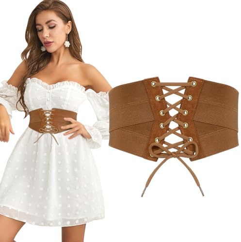 JasGood dam elastiskt korsettbälte, hög midja cinch midjebälte, bred linda retro dambälte för klänning, halloween cosplay bälte, b-Brun, Taillenumfang anpassen 71-78cm