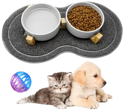 YUTUY Ciotole per Cani Ceramica,2 Pacchi 400ML Ciotole per Gatti con Base e Pad Antiscivolo Ciotola Comes with a small bell Adatto a cani e gatti di piccola e media taglia（grigio）
