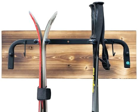QLS Skihalterung Wand Skihalter für 2 Paare 47 cm Nordic Walking Trekking Holz hölzerne Hakenleiste N3.2
