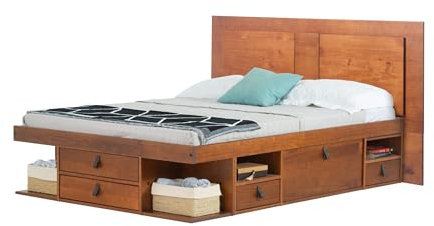 Bett mit Stauraum 140x200 + Platzsparendes Kopfteil + Lattenrost: Set Bali Karamell. Doppelbett mit Bettkasten u. Ultra dünnes Kopfteil. Möbel aus Kiefer Massivholz, optimal f. kleine Schlafzimmer